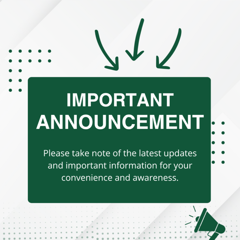 Green rounded sign reading “IMPORTANT ANNOUNCEMENT” with a brief message, arrows above pointing to it, and a megaphone icon in the corner.